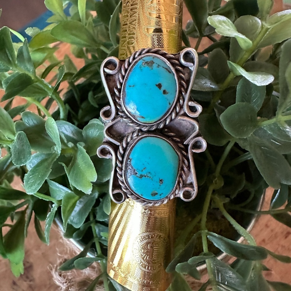 Vintage Sterling Silver Turquoise Double Stone Knuckle Buster Ring NA Size: 8